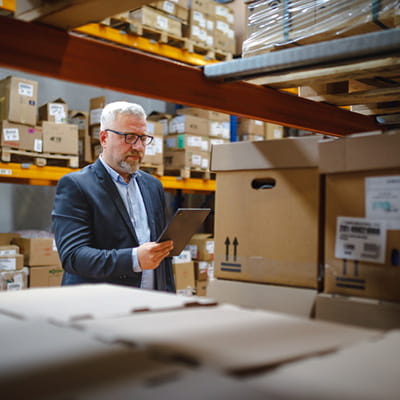 Professional man checking his clipboard while inspecting boxes on shelves in a warehouse