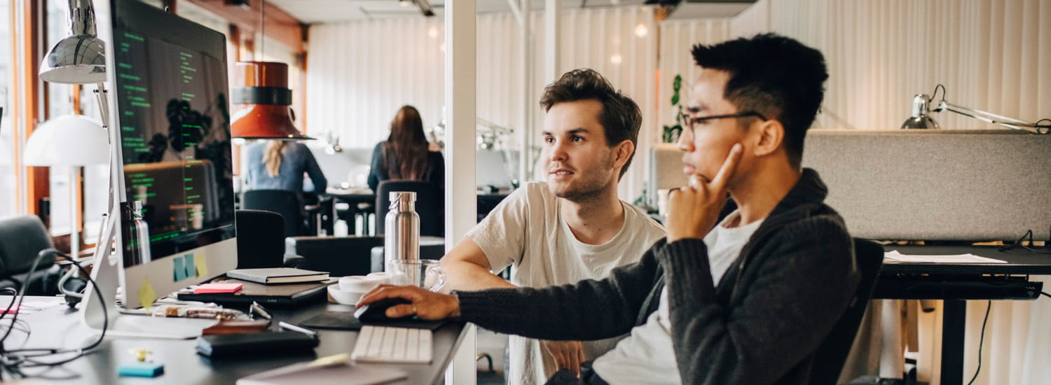 Two young men collaborating at work computer